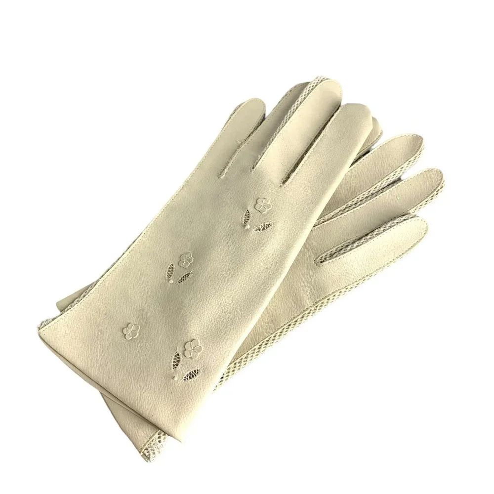Vintage 60s Cream Faux Leather Woven Trim Punch Out Floral Gloves